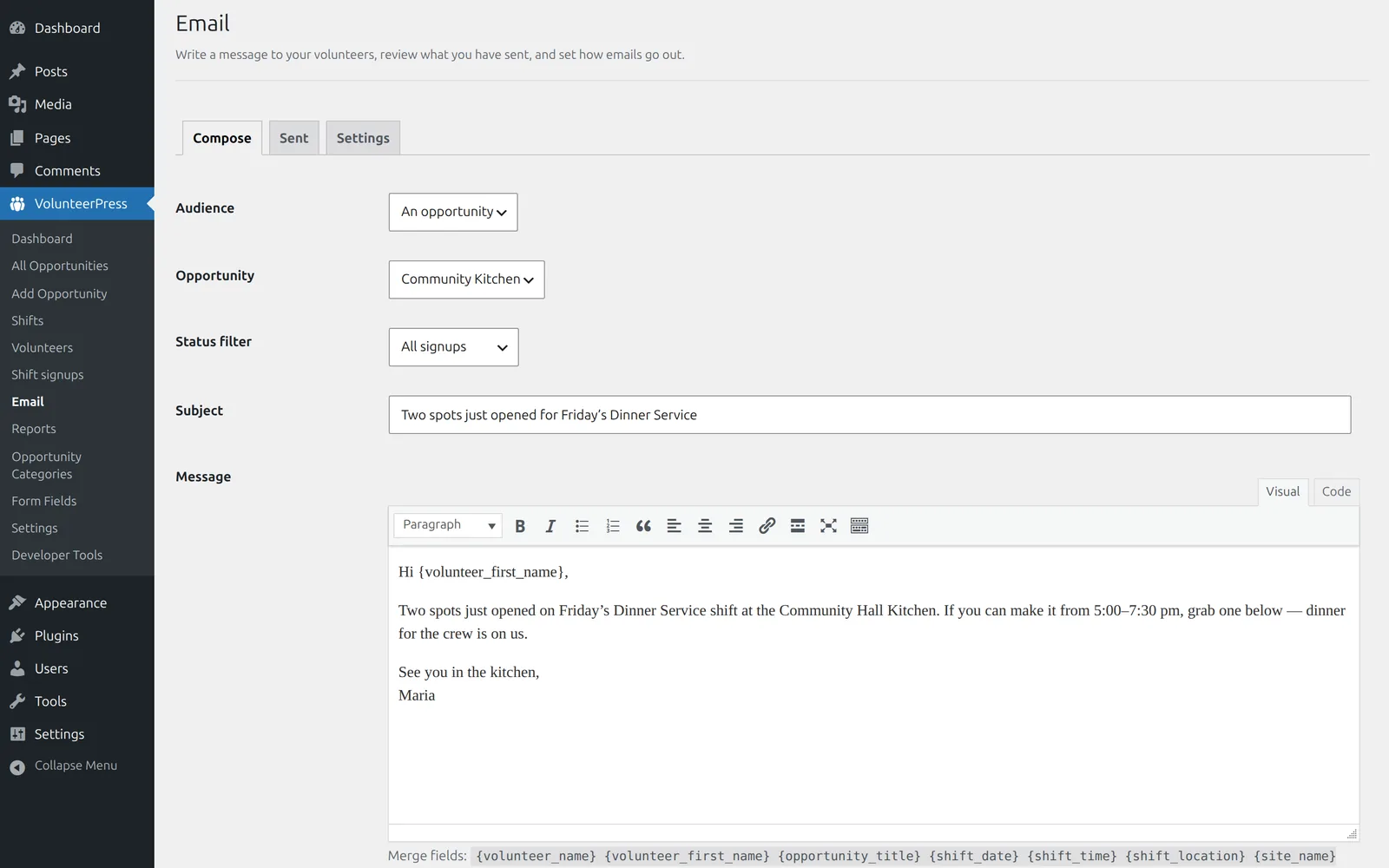 The Email compose screen addressing one opportunity's volunteers, with a subject line, a personalized message in the editor, and merge fields listed below