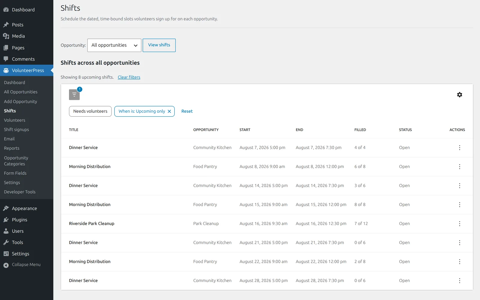The Shifts admin screen listing eight upcoming shifts across three opportunities, with start and end times, fill counts, and filters for opportunity and timing