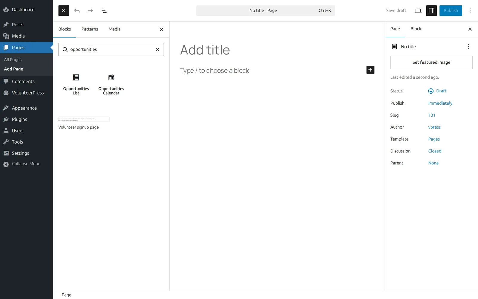 The block inserter on a new page with opportunities typed in its search box, showing the Opportunities List and Opportunities Calendar blocks and a Volunteer signup page pattern