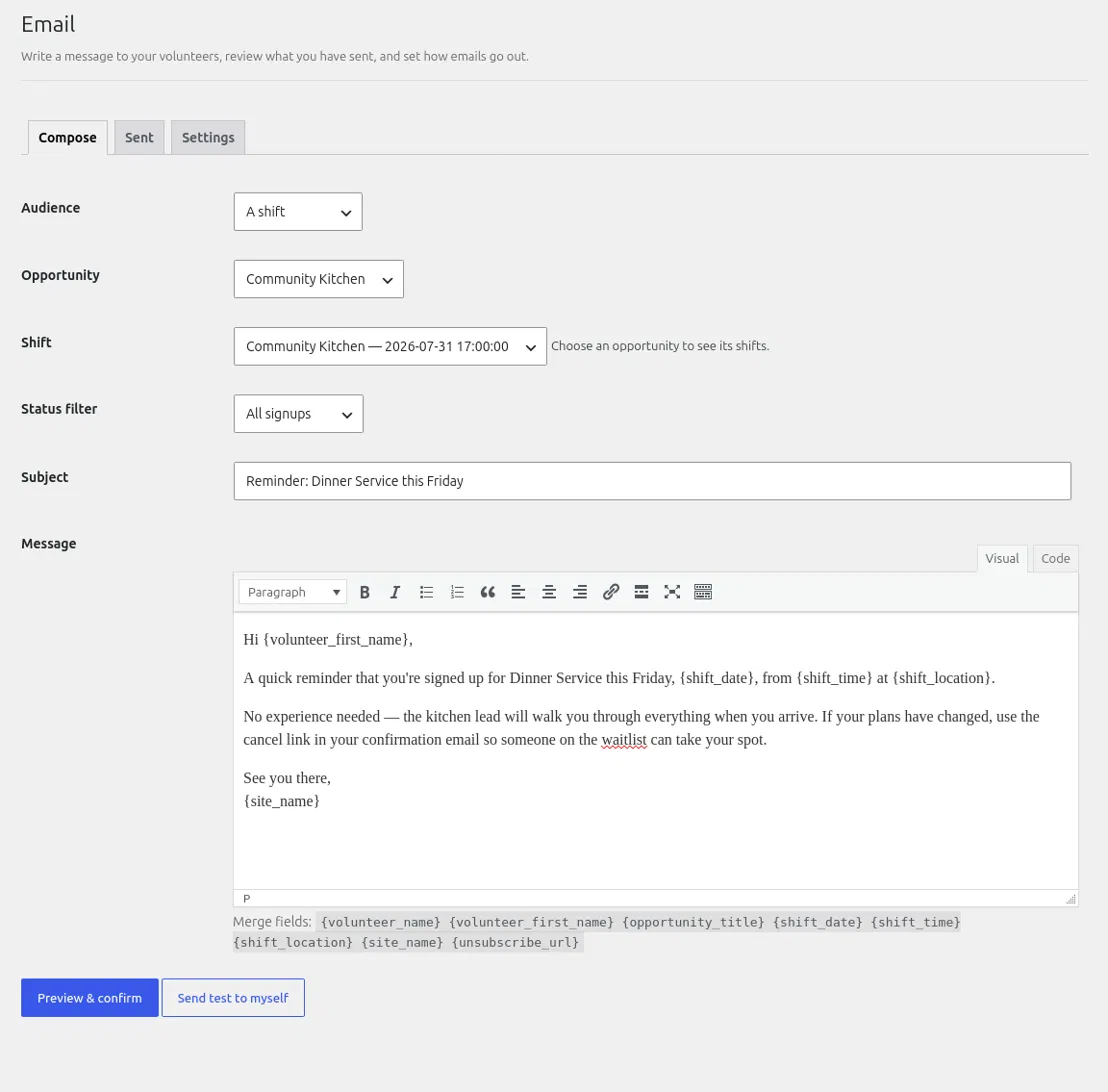 The Email screen's Compose tab: Audience set to A shift with opportunity and shift dropdowns, a status filter, subject and message fields with a reminder drafted, merge fields listed below the editor, and Preview and confirm and Send test to myself buttons