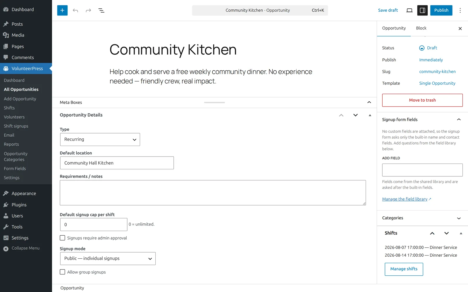 An opportunity named Community Kitchen open in the editor: a one-line description, the Opportunity Details box with type and default location, a Shifts box listing two Dinner Service shifts, and the Publish button top right