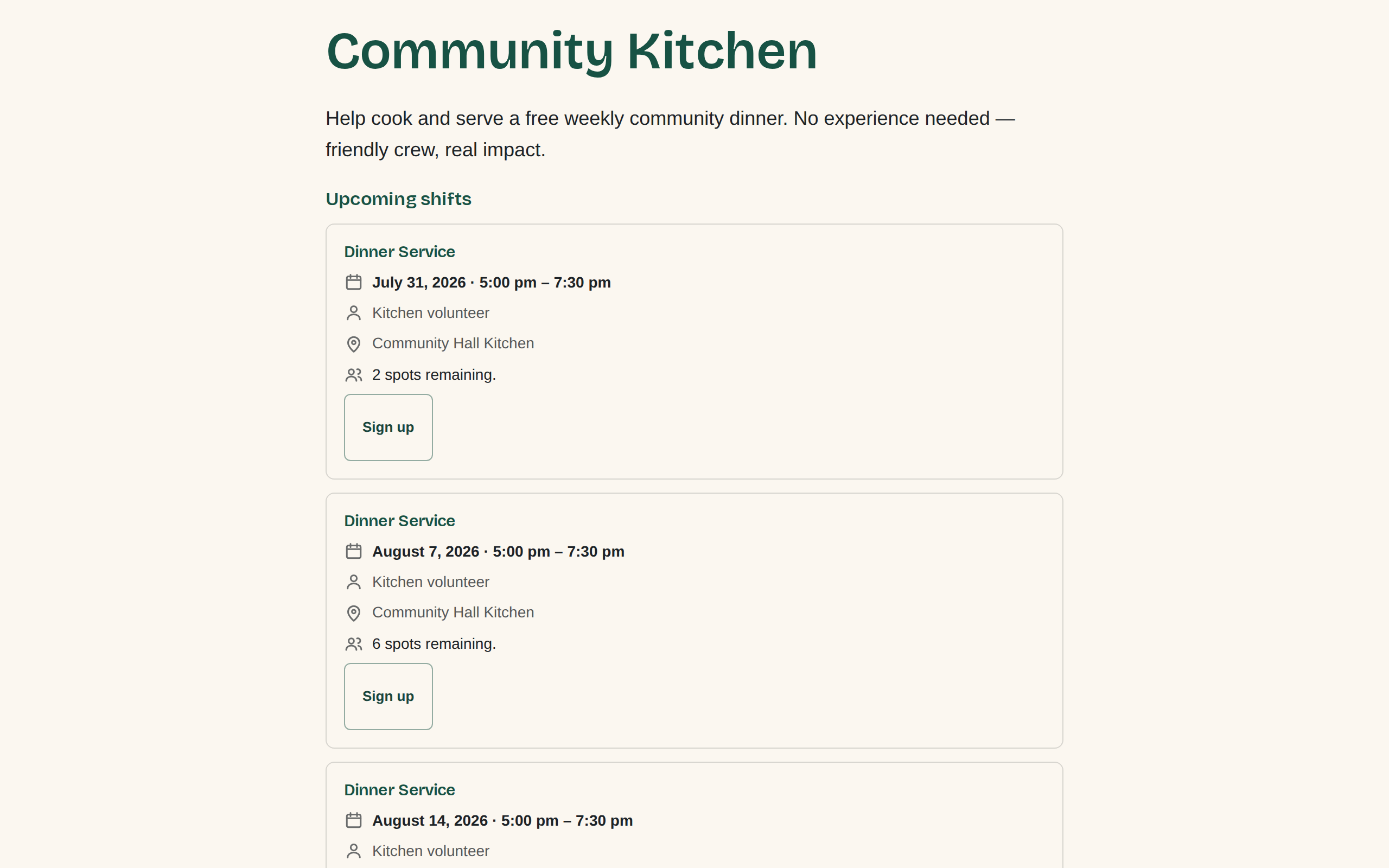 An opportunity page titled Community Kitchen: a short description, then an Upcoming shifts list where each shift shows its date and time, role, location, spots remaining, and a Sign up button