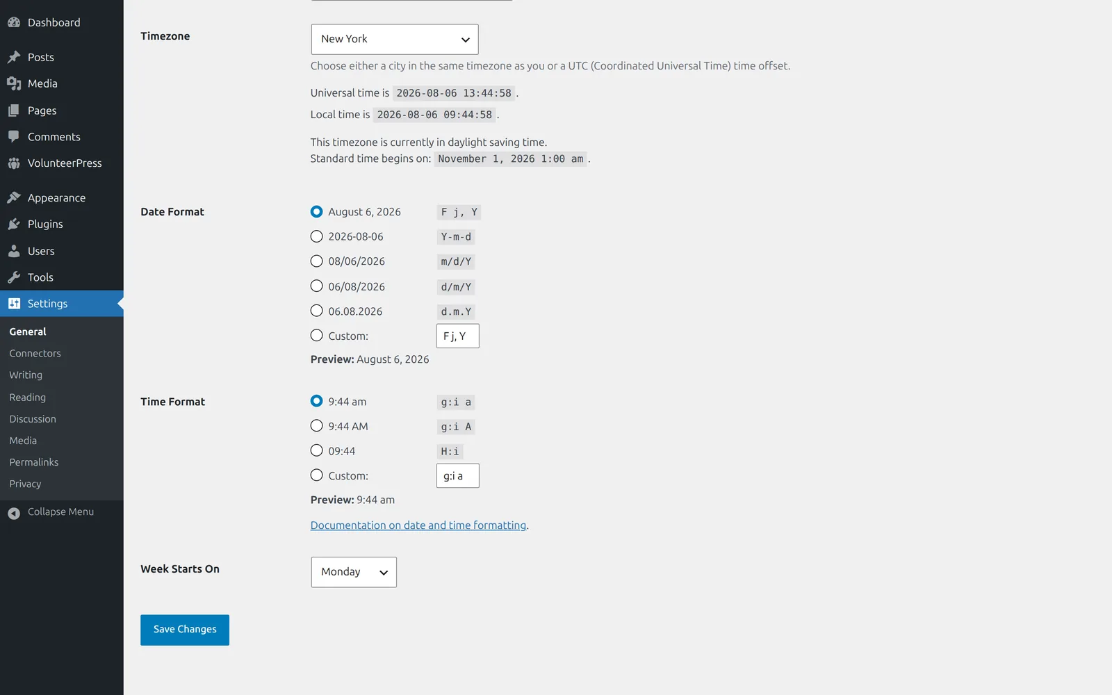 The General Settings screen with the Timezone dropdown set to New York, the current Universal and Local times shown beneath it, and the Save Changes button at the bottom