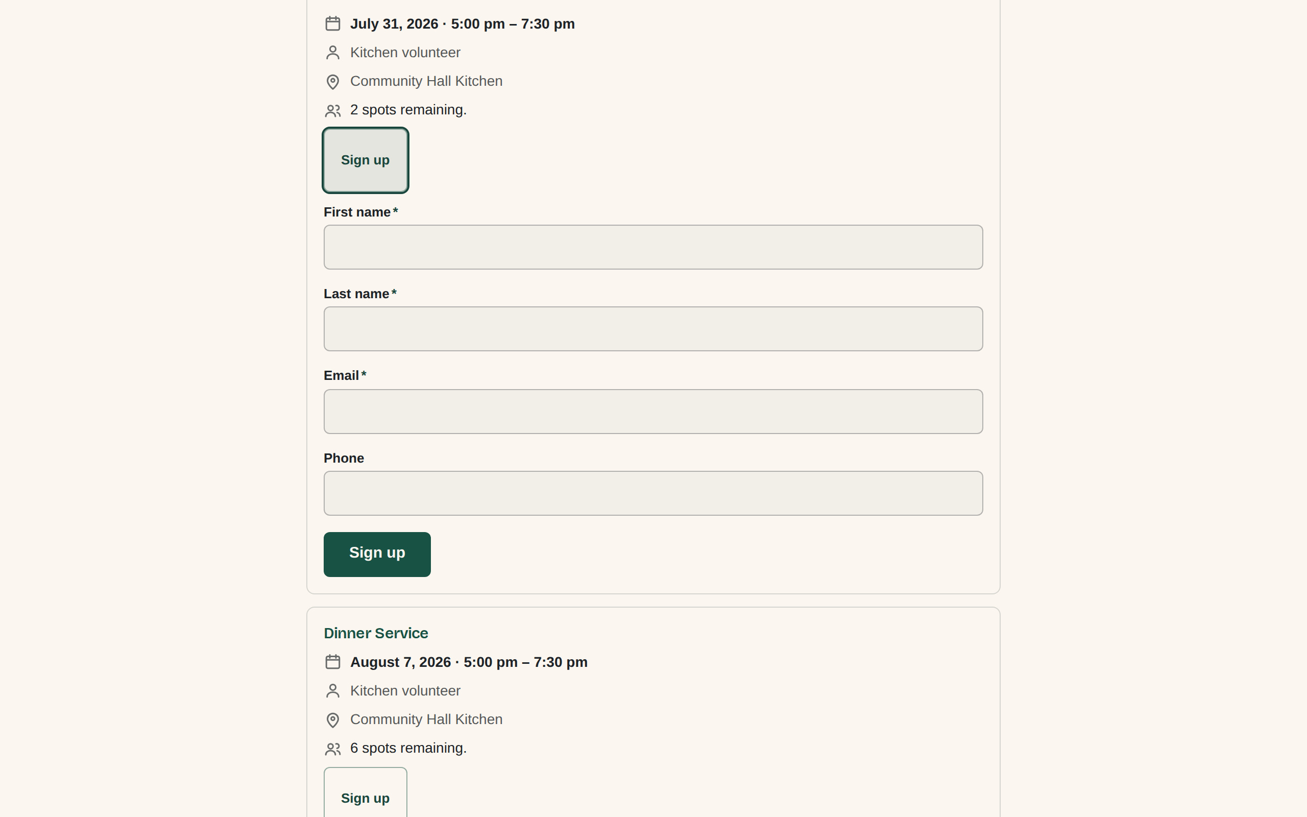 A shift's signup form expanded on the opportunity page, asking for first name, last name, email, and phone, with a Sign up button